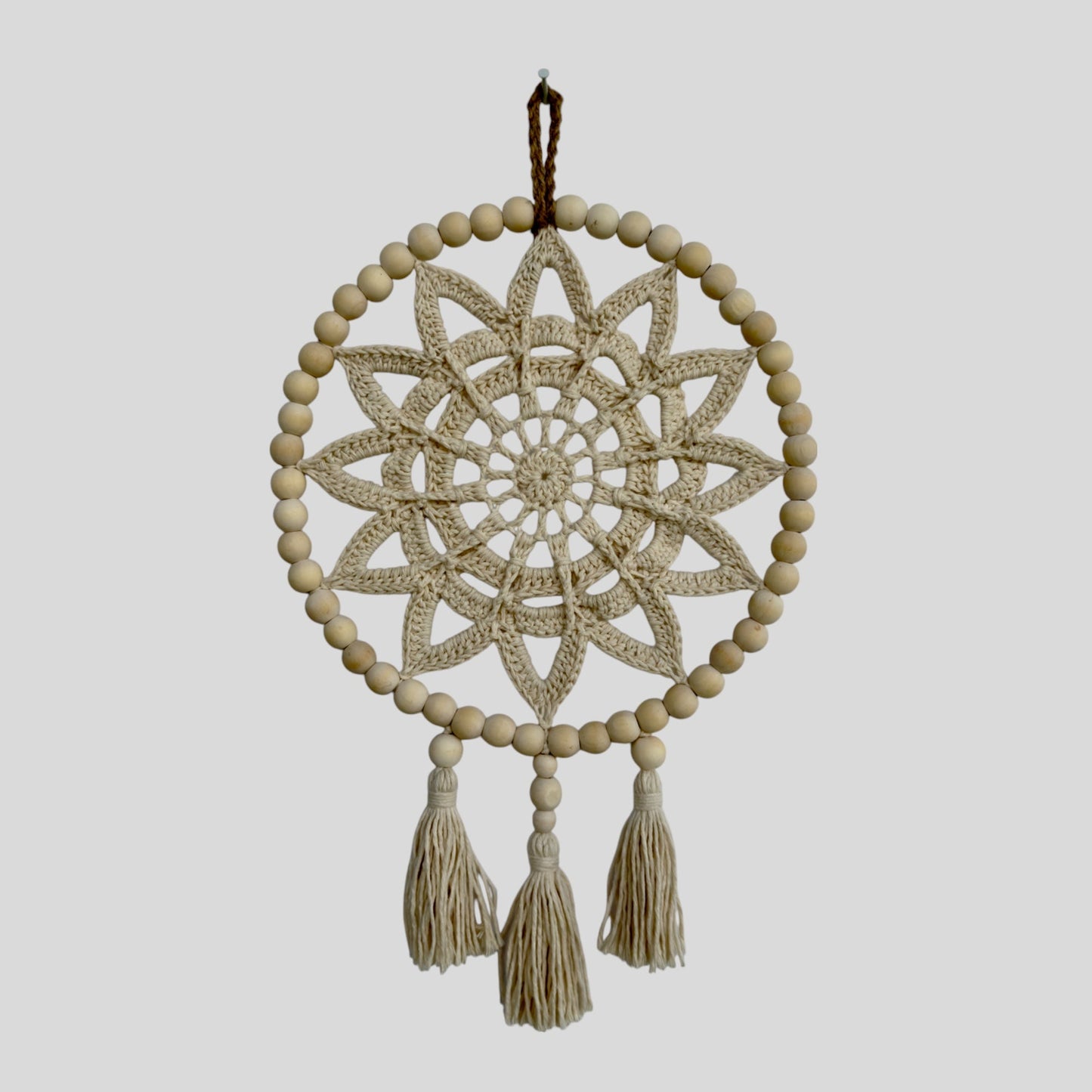 10" Handmade Wood Bead Frame Macrame Dreamcatcher - Nursery and Kid's Room Decor -- Off White / Tan / Cream