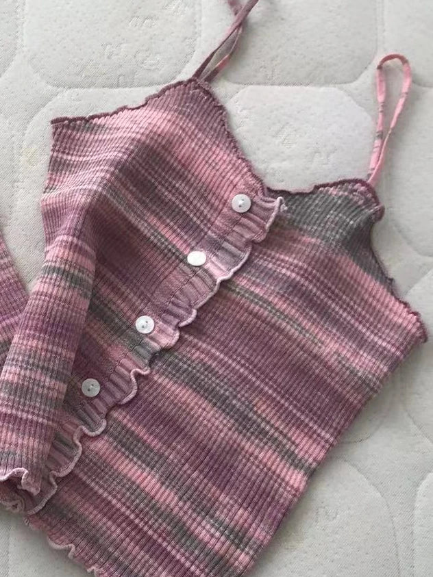 2024 New Stripe Print Spaghetti Strap Top Casual Ruffle Trim Button Front Knit Cami Top For Summer Women's Clothing