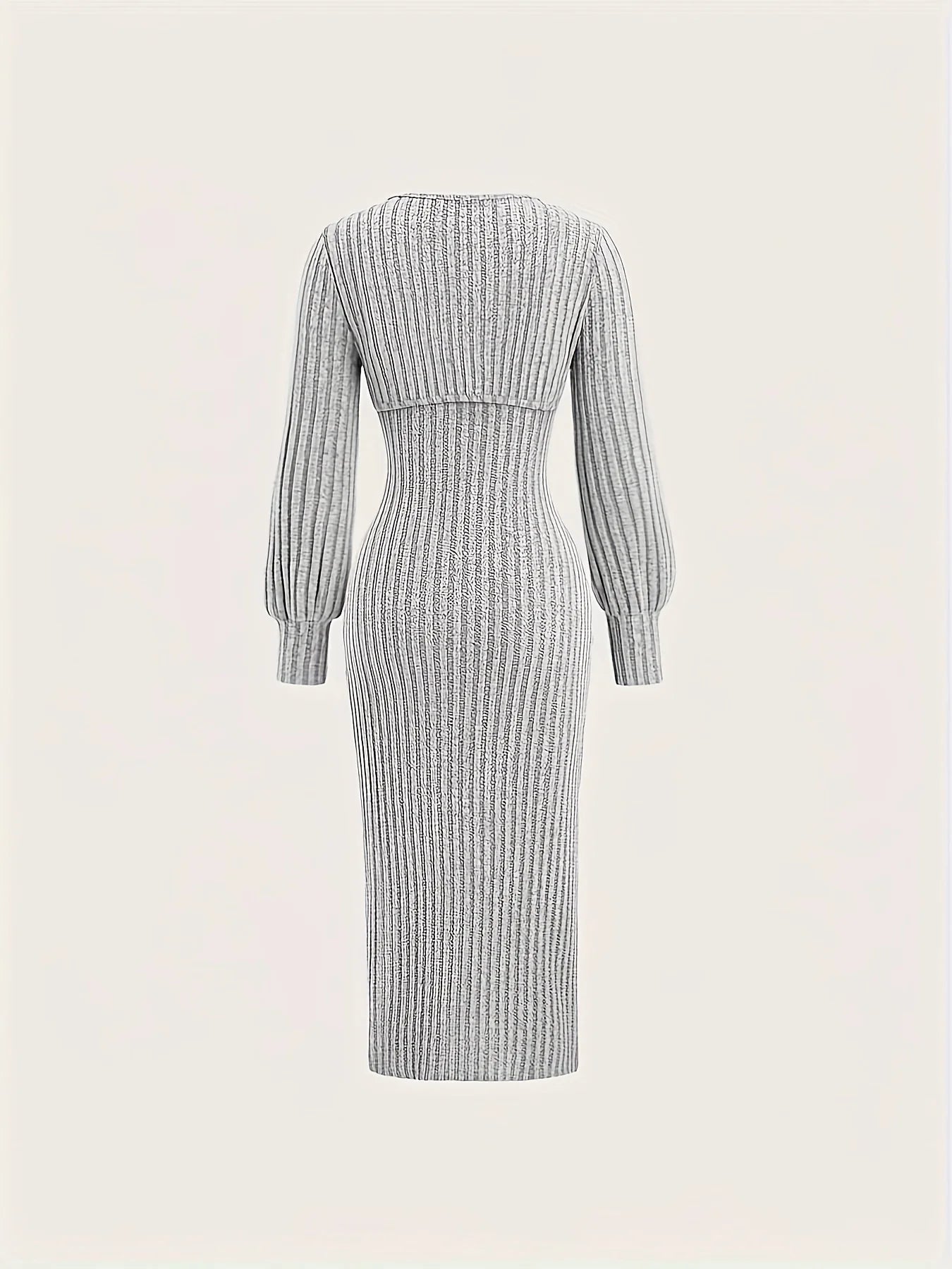 Women's Ribbed Knit Two Piece Set: Long Sleeve Crop Top + Spaghetti Strap Midi Dress with Side Slit (Gray)