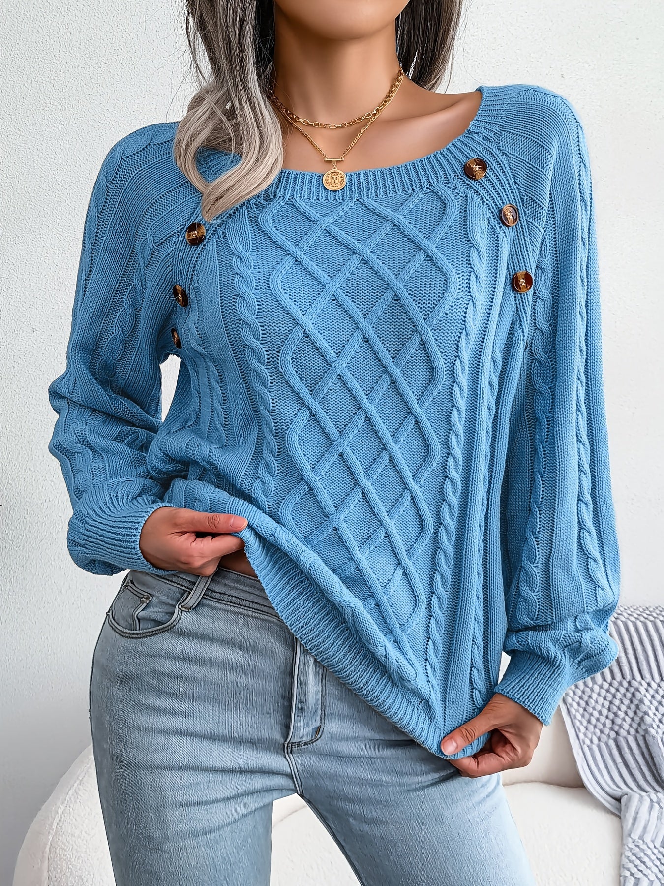 Women's Sweater Round Neck Texture Button Lantern Sleeve Sweater