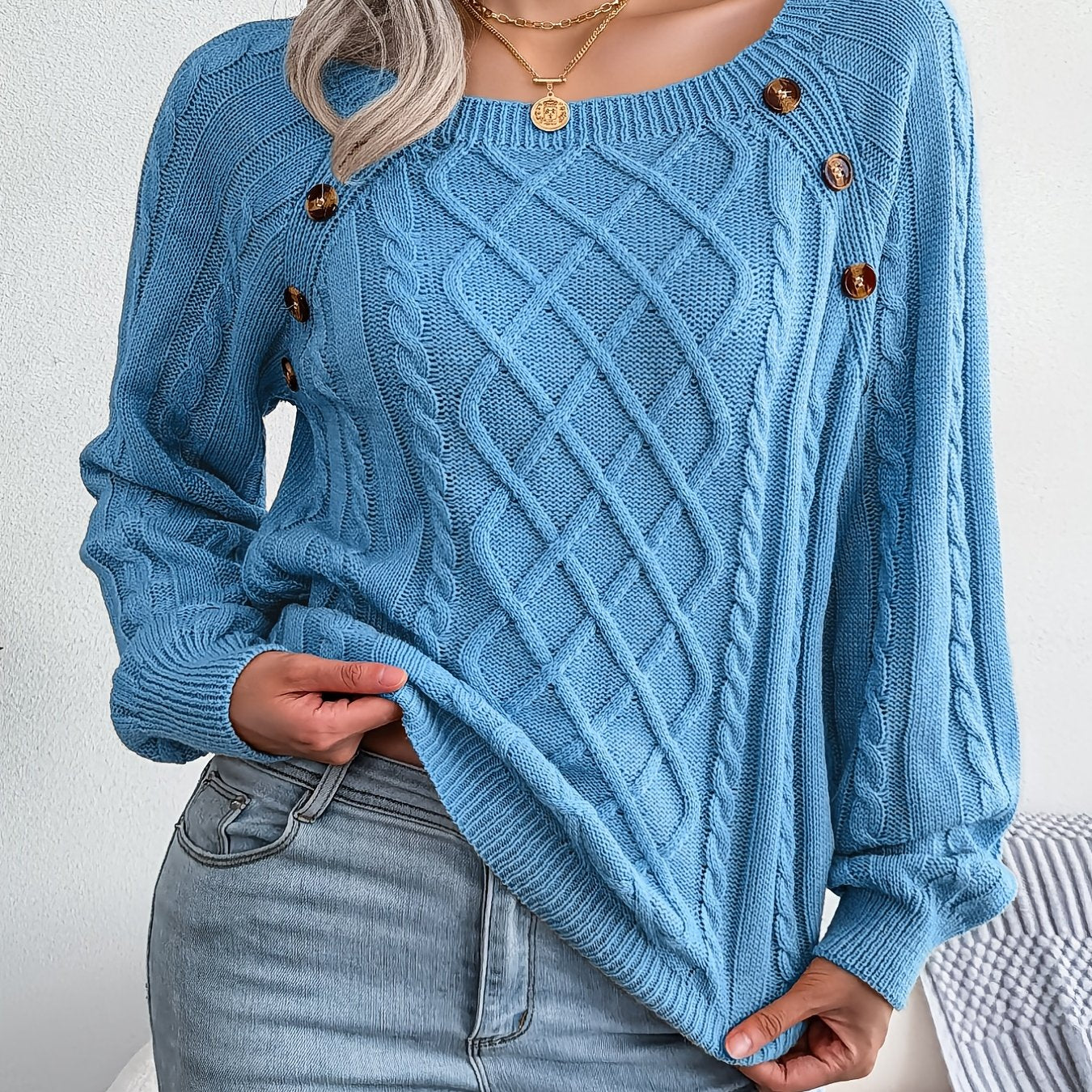 Women's Sweater Round Neck Texture Button Lantern Sleeve Sweater