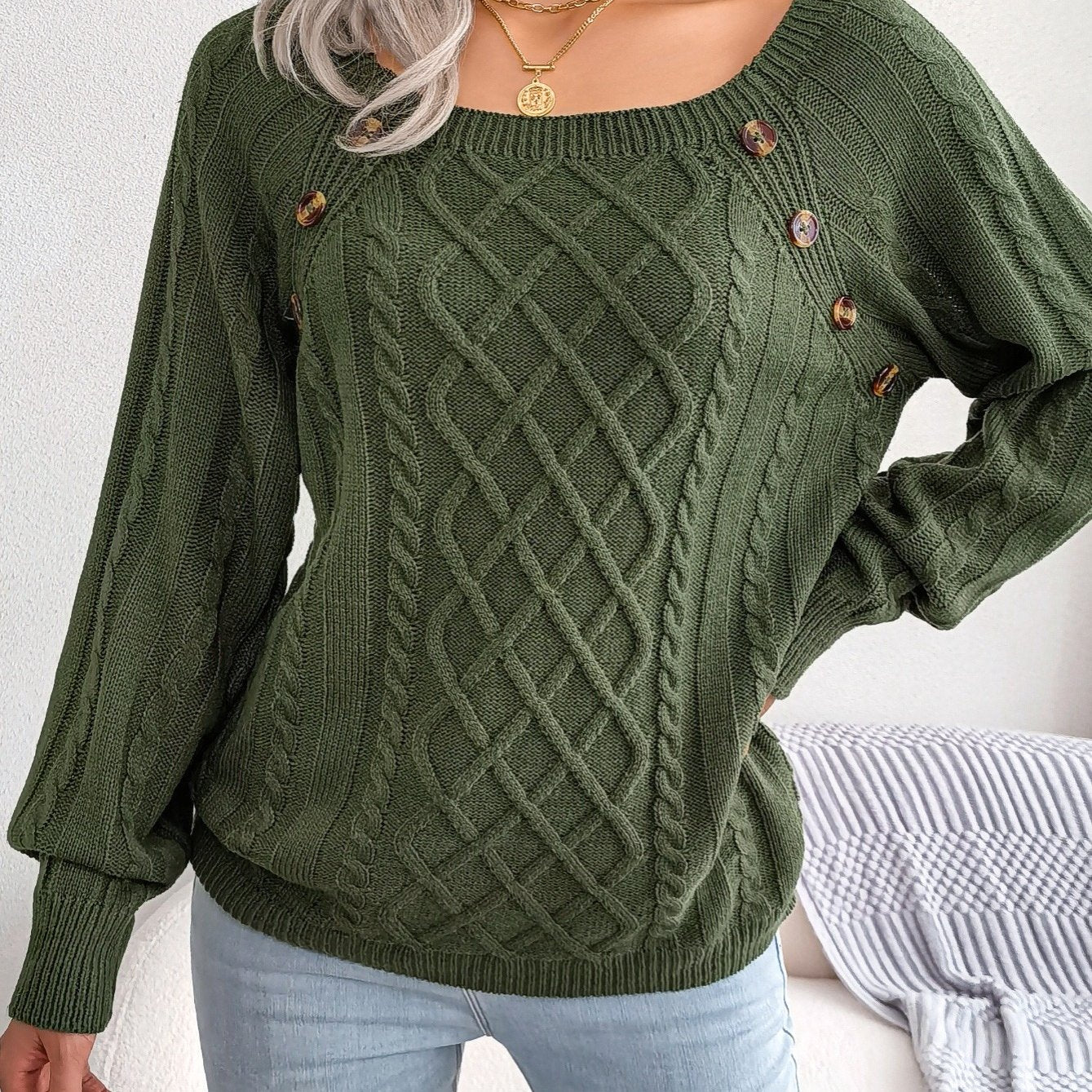 Women's Sweater Round Neck Texture Button Lantern Sleeve Sweater