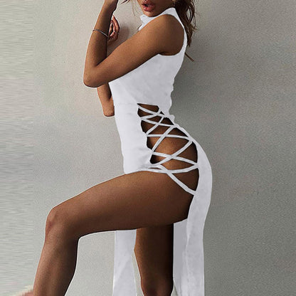 22 New Sexy Vest-Strap Long Dress with High Slit and Side Hollow | High Neck, Bodycon Fit, Solid Color for Spring/Fall
