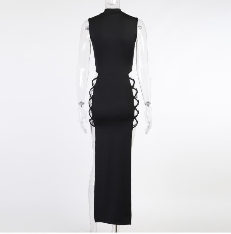 22 New Sexy Vest-Strap Long Dress with High Slit and Side Hollow | High Neck, Bodycon Fit, Solid Color for Spring/Fall