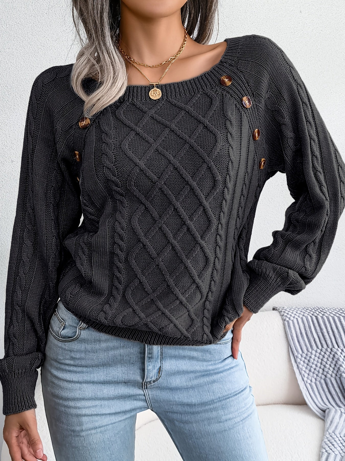 Women's Sweater Round Neck Texture Button Lantern Sleeve Sweater