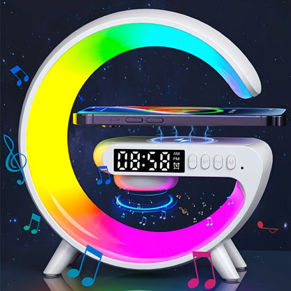 Smart USB Charging Living Room Bedroom Bedside Desktop Colorful RGB Atmosphere Light, Mobile Phone Wireless Charger, Desktop Alarm Clock, Study Desk Lamp, Wireless Link Music Audio Speaker Multifunctional Four-in-one Atmosphe