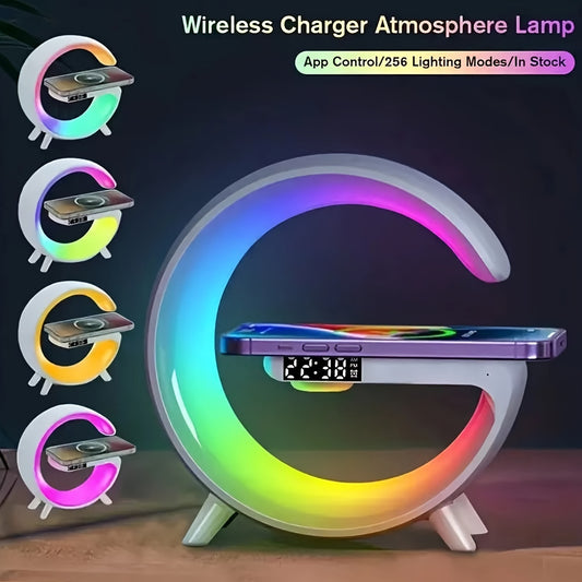 Smart USB Charging Living Room Bedroom Bedside Desktop Colorful RGB Atmosphere Light, Mobile Phone Wireless Charger, Desktop Alarm Clock, Study Desk Lamp, Wireless Link Music Audio Speaker Multifunctional Four-in-one Atmosphe