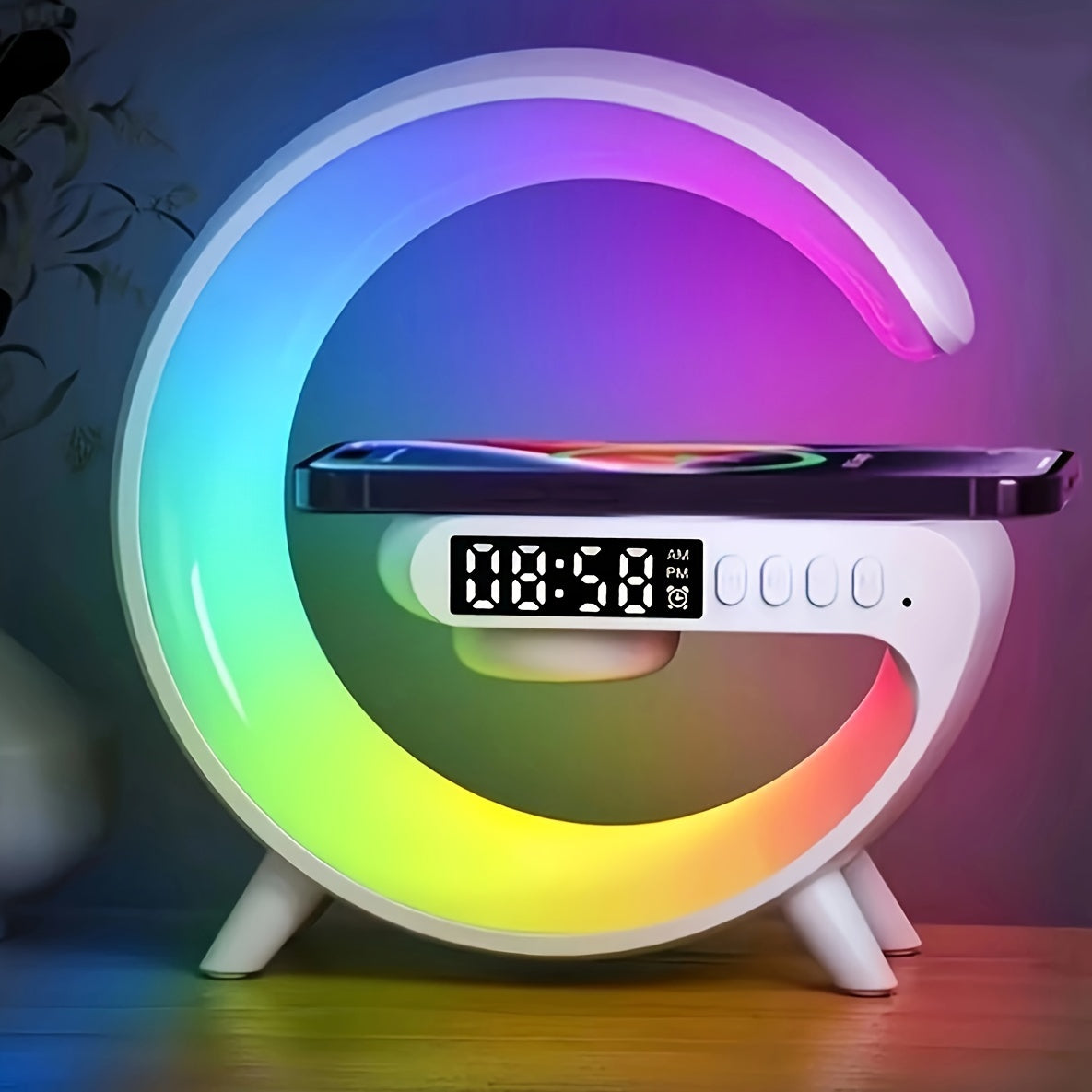 Smart USB Charging Living Room Bedroom Bedside Desktop Colorful RGB Atmosphere Light, Mobile Phone Wireless Charger, Desktop Alarm Clock, Study Desk Lamp, Wireless Link Music Audio Speaker Multifunctional Four-in-one Atmosphe