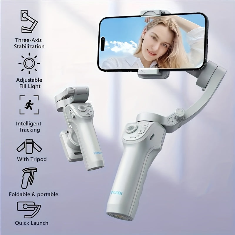 Three-Axis PTZ Stabilizer Plus - Intelligent Face Recognition, Anti-Shake, LED Fill Light, Wireless, Rechargeable Lithium Battery, USB Charging, Compatible With Apple And Samsung Mobile Phones