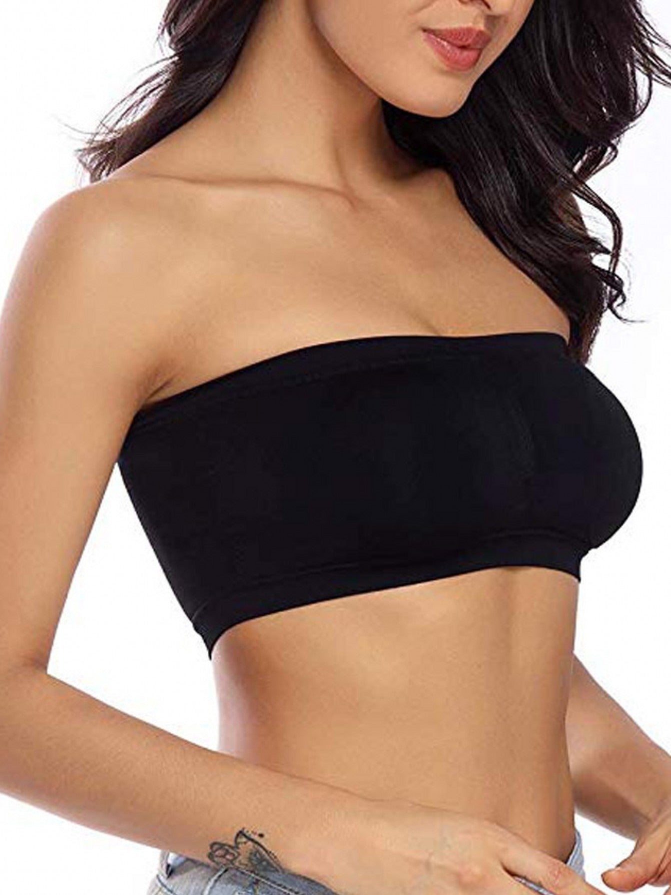 [Plus Size Strapless Bra] Plus Size Double-Layer Strapless Bra | Anti-Slip, Removable Pads, No Underwire, Seamless Smoothing, High Elasticity, Black Camisole Top | For Casual Attire, Comfortable Daily Wear, Offshoulder Fashio