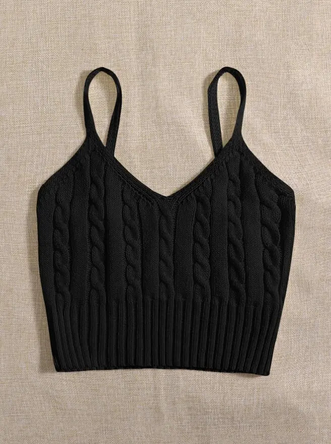 Cable Knit Ribbed Knitted Vest, Sexy Solid V Neck Backless Spaghetti Strap Sweater Vest For Spring & Summer, Women's Clothing