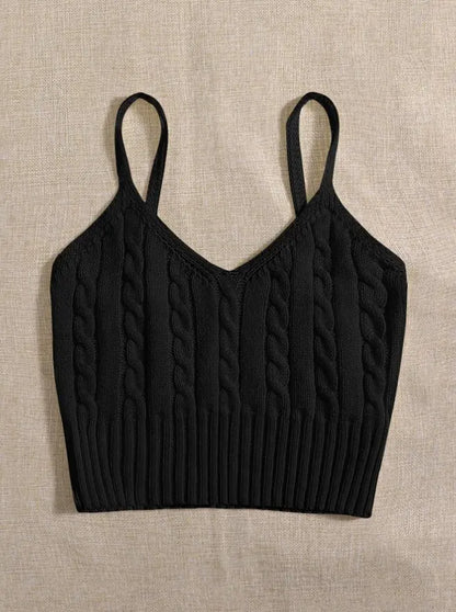 Cable Knit Ribbed Knitted Vest, Sexy Solid V Neck Backless Spaghetti Strap Sweater Vest For Spring & Summer, Women's Clothing