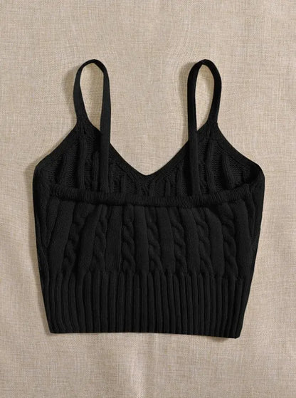 Cable Knit Ribbed Knitted Vest, Sexy Solid V Neck Backless Spaghetti Strap Sweater Vest For Spring & Summer, Women's Clothing