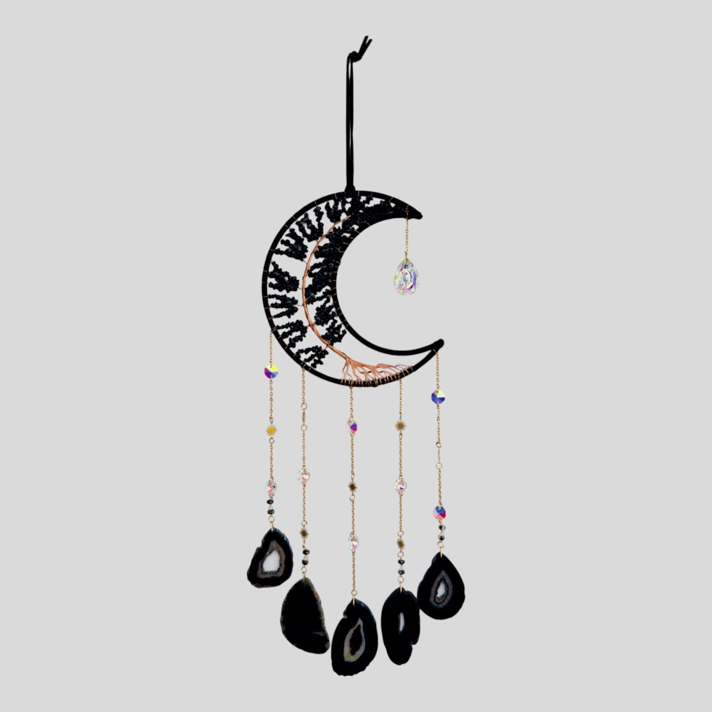Wall Hanging Crescent Moon Dream Catcher with Black Obsidian Stones & Hanging Stone Charm Blacked Out with Sliced Agate