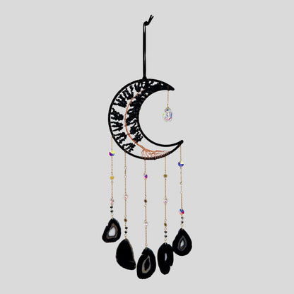 Wall Hanging Crescent Moon Dream Catcher with Black Obsidian Stones & Hanging Stone Charm Blacked Out with Sliced Agate