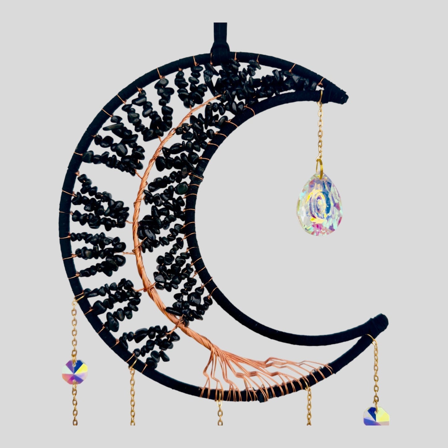 Wall Hanging Crescent Moon Dream Catcher with Black Obsidian Stones & Hanging Stone Charm Blacked Out with Sliced Agate