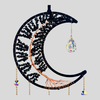 Wall Hanging Crescent Moon Dream Catcher with Black Obsidian Stones & Hanging Stone Charm Blacked Out with Sliced Agate