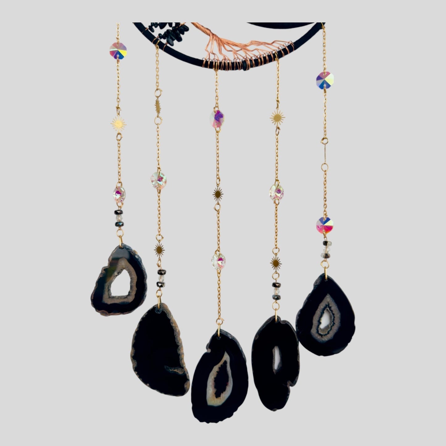 Wall Hanging Crescent Moon Dream Catcher with Black Obsidian Stones & Hanging Stone Charm Blacked Out with Sliced Agate