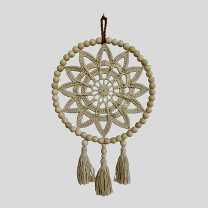 10" Handmade Wood Bead Frame Macrame Dreamcatcher - Nursery and Kid's Room Decor -- Off White / Tan / Cream
