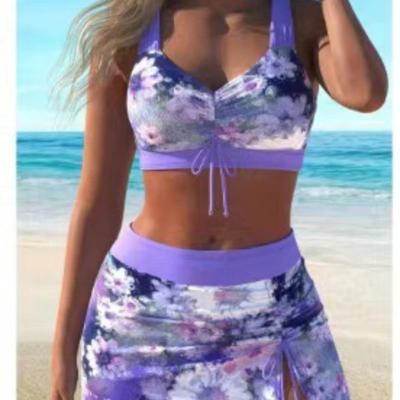 bathing suit women 2025 printed suspenders beach plus size swimsuit three-piece women's conservative shorts hot spring swimsui