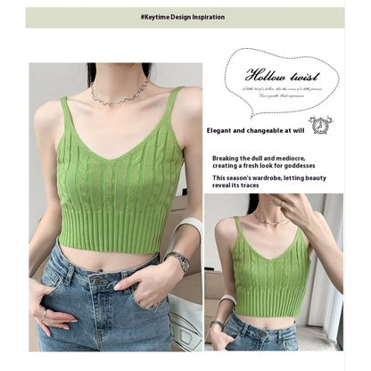 Cable Knit Ribbed Knitted Vest, Sexy Solid V Neck Backless Spaghetti Strap Sweater Vest for Spring & Summer, Women's Clothing