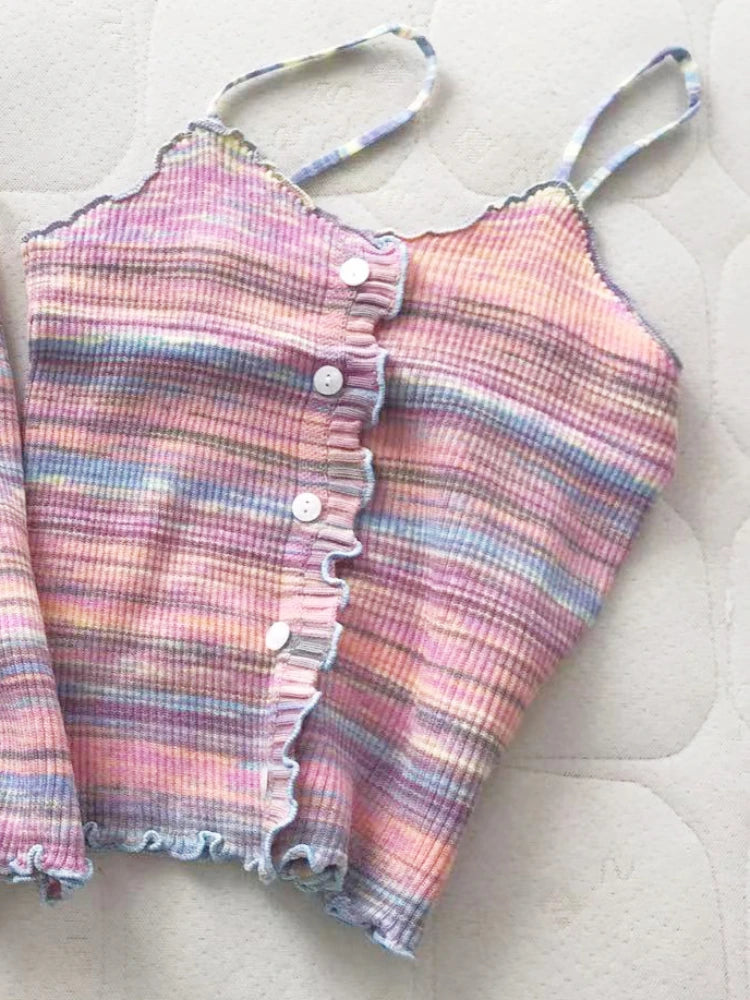 2024 New Stripe Print Spaghetti Strap Top Casual Ruffle Trim Button Front Knit Cami Top For Summer Women's Clothing
