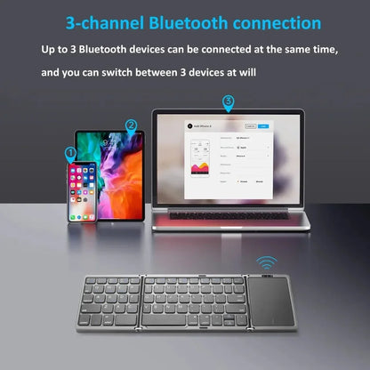 3-Folding Keyboard Mini Wireless Keyboard Foldable Dual Bluetooth Keyboard with Touchpad for Windows Android IOS iPad Phone