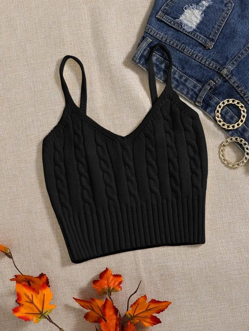 Cable Knit Ribbed Knitted Vest, Sexy Solid V Neck Backless Spaghetti Strap Sweater Vest For Spring & Summer, Women's Clothing