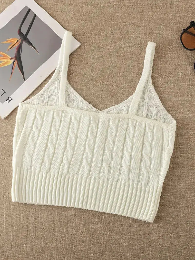 Cable Knit Ribbed Knitted Vest, Sexy Solid V Neck Backless Spaghetti Strap Sweater Vest For Spring & Summer, Women's Clothing