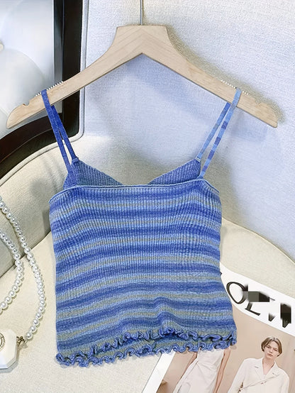 2024 New Stripe Print Spaghetti Strap Top Casual Ruffle Trim Button Front Knit Cami Top For Summer Women's Clothing