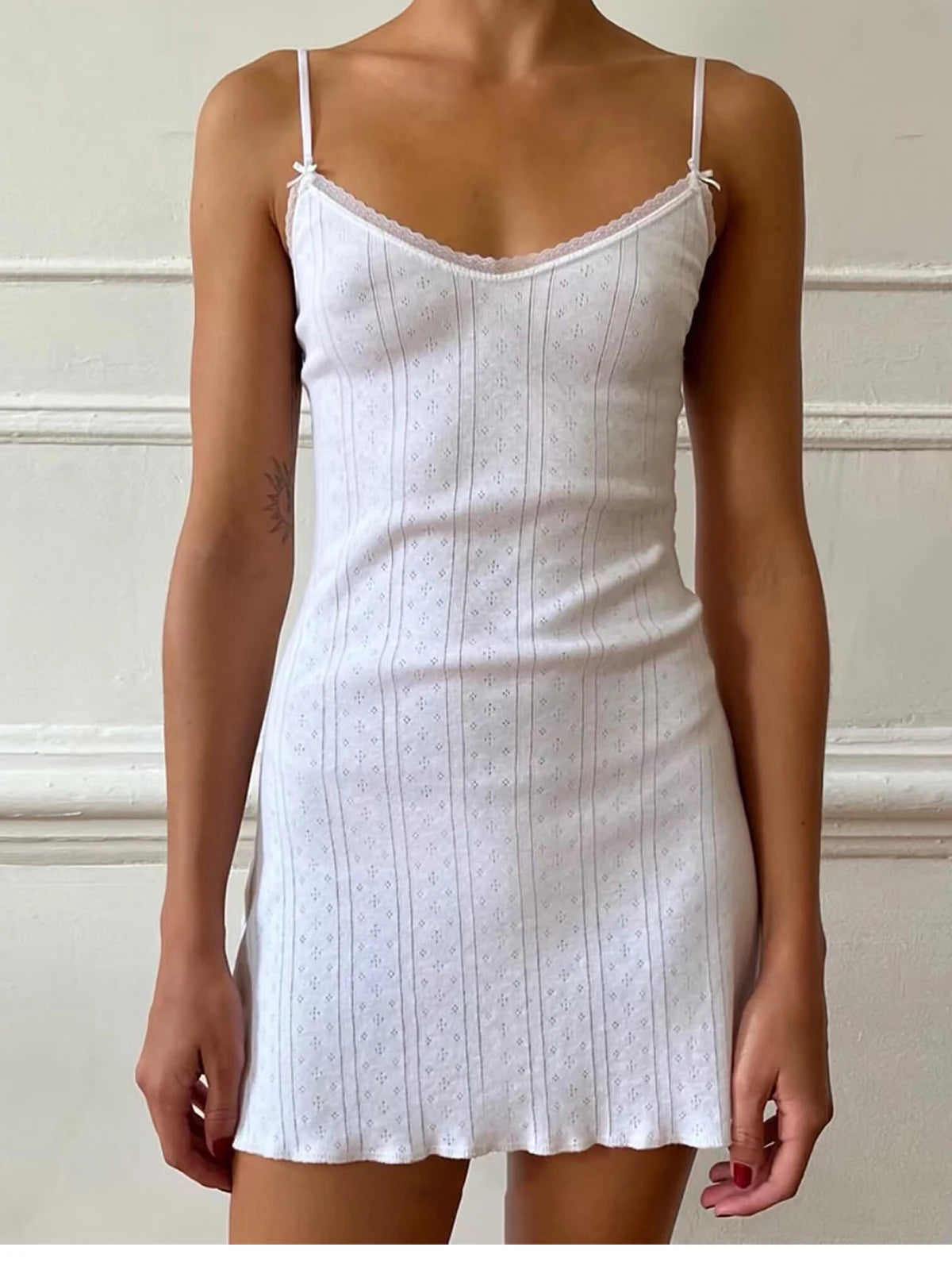 Spaghetti Strap Knit Mini Dress with Wave Hem - Summer Boho Slim Fit Ribbed Textured Dress in Black & White