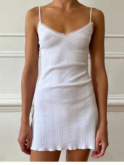 Spaghetti Strap Knit Mini Dress with Wave Hem - Summer Boho Slim Fit Ribbed Textured Dress in Black & White