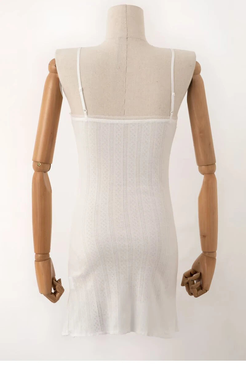 Spaghetti Strap Knit Mini Dress with Wave Hem - Summer Boho Slim Fit Ribbed Textured Dress in Black & White