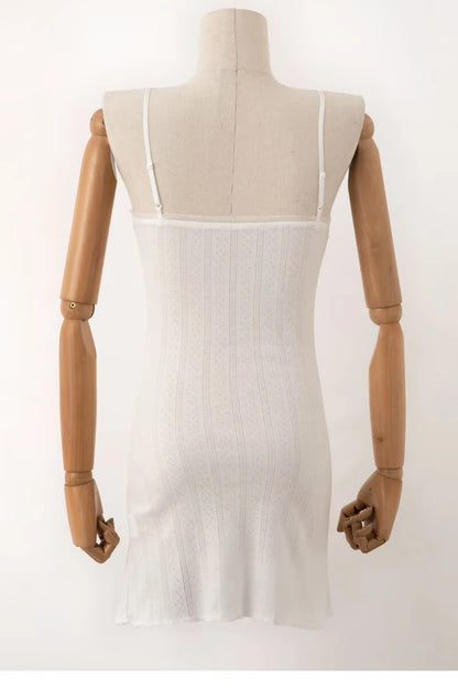 Spaghetti Strap Knit Mini Dress with Wave Hem - Summer Boho Slim Fit Ribbed Textured Dress in Black & White