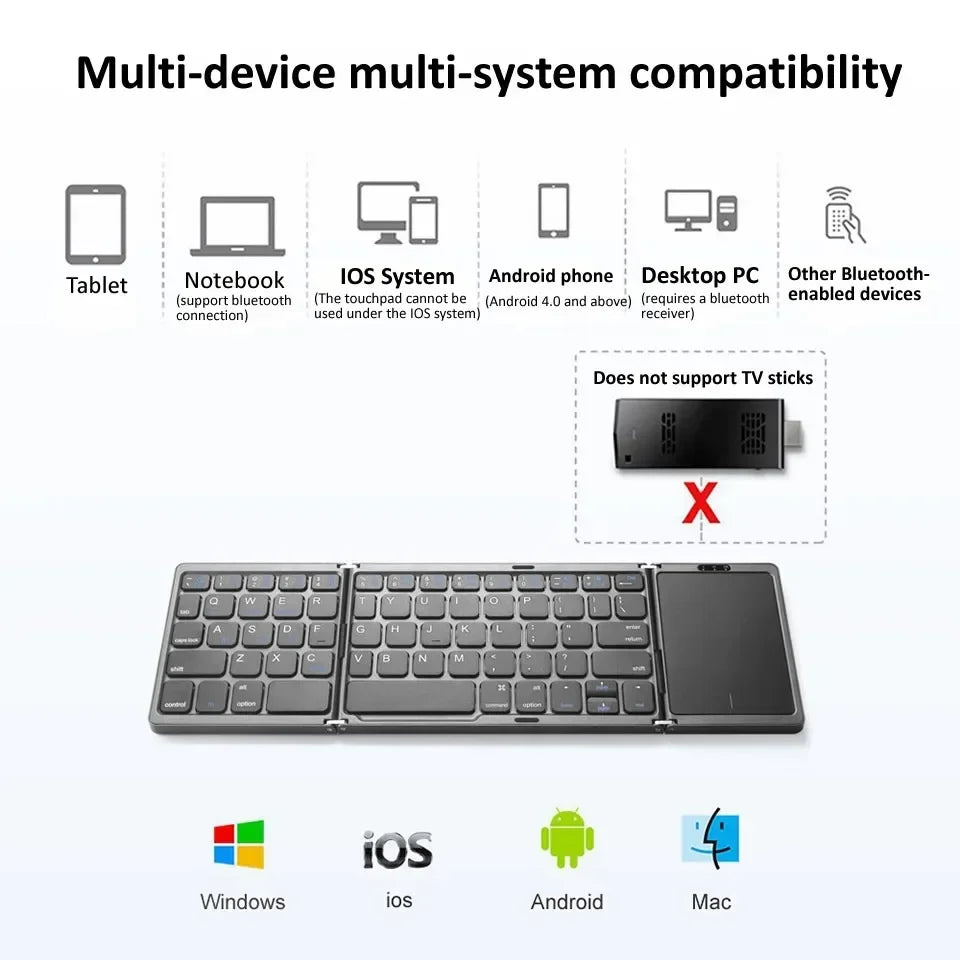 3-Folding Keyboard Mini Wireless Keyboard Foldable Dual Bluetooth Keyboard with Touchpad for Windows Android IOS iPad Phone