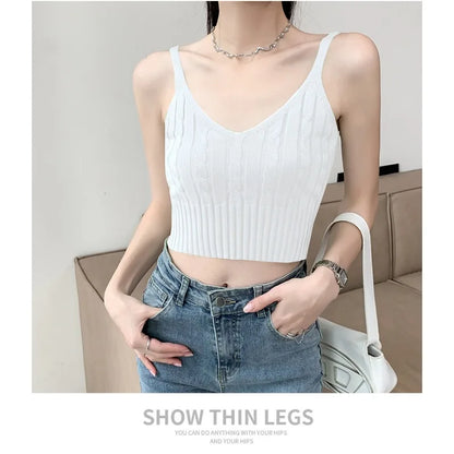 Cable Knit Ribbed Knitted Vest, Sexy Solid V Neck Backless Spaghetti Strap Sweater Vest for Spring & Summer, Women's Clothing