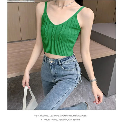 Cable Knit Ribbed Knitted Vest, Sexy Solid V Neck Backless Spaghetti Strap Sweater Vest for Spring & Summer, Women's Clothing