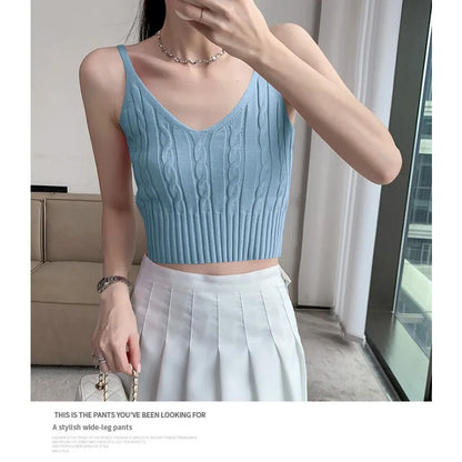 Cable Knit Ribbed Knitted Vest, Sexy Solid V Neck Backless Spaghetti Strap Sweater Vest for Spring & Summer, Women's Clothing