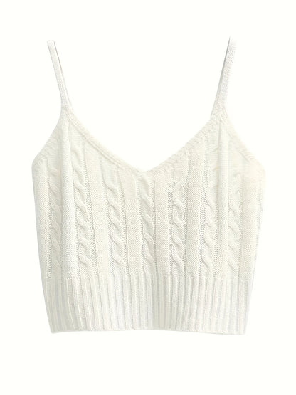 Cable Knit Ribbed Knitted Vest, Sexy Solid V Neck Backless Spaghetti Strap Sweater Vest For Spring & Summer, Women's Clothing