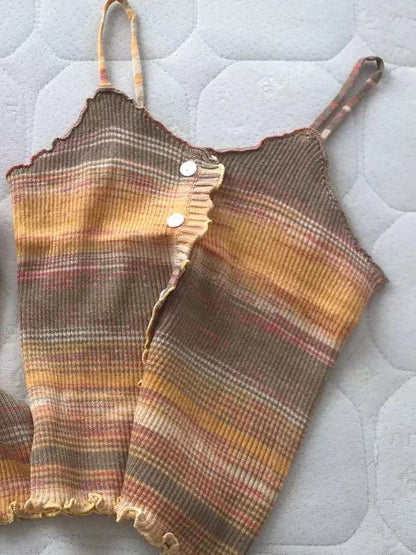 2024 New Stripe Print Spaghetti Strap Top Casual Ruffle Trim Button Front Knit Cami Top For Summer Women's Clothing