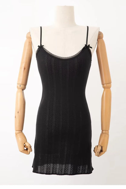 Spaghetti Strap Knit Mini Dress with Wave Hem - Summer Boho Slim Fit Ribbed Textured Dress in Black & White