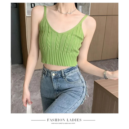 Cable Knit Ribbed Knitted Vest, Sexy Solid V Neck Backless Spaghetti Strap Sweater Vest for Spring & Summer, Women's Clothing