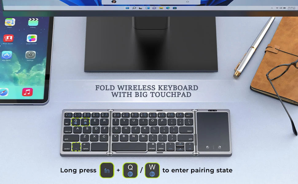 3-Folding Keyboard Mini Wireless Keyboard Foldable Dual Bluetooth Keyboard with Touchpad for Windows Android IOS iPad Phone
