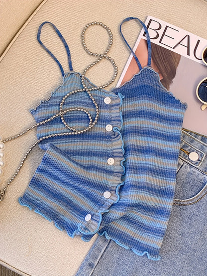 2024 New Stripe Print Spaghetti Strap Top Casual Ruffle Trim Button Front Knit Cami Top For Summer Women's Clothing