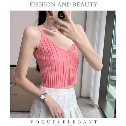 Cable Knit Ribbed Knitted Vest, Sexy Solid V Neck Backless Spaghetti Strap Sweater Vest for Spring & Summer, Women's Clothing