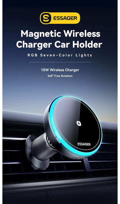 Essager Magnetic Wireless Charger Car Phone Holder 15W RGB Seven Color Light Fast Charging Mount Stand For IPhone15 14 13Android