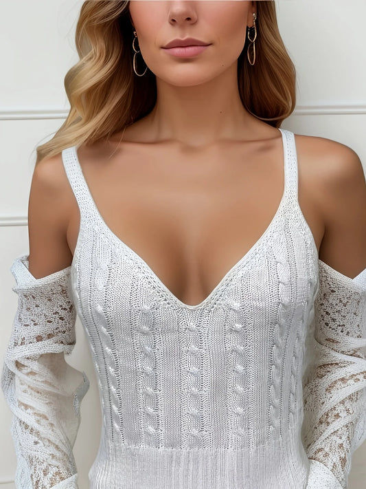 Cable Knit Ribbed Knitted Vest, Sexy Solid V Neck Backless Spaghetti Strap Sweater Vest For Spring & Summer, Women's Clothing
