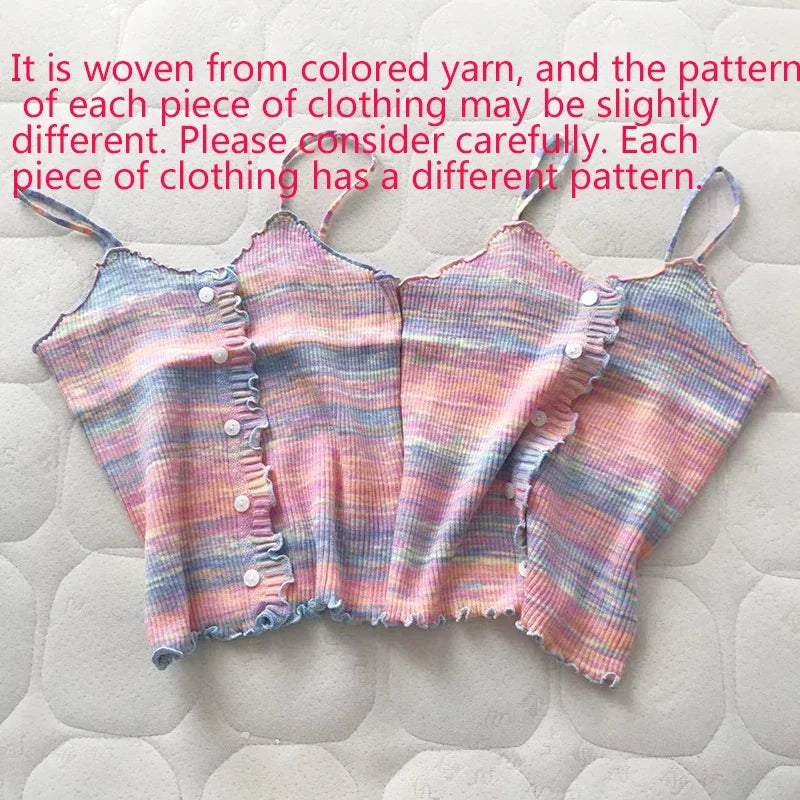 2024 New Stripe Print Spaghetti Strap Top Casual Ruffle Trim Button Front Knit Cami Top For Summer Women's Clothing