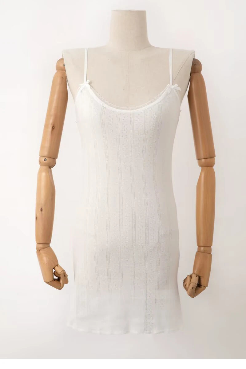 Spaghetti Strap Knit Mini Dress with Wave Hem - Summer Boho Slim Fit Ribbed Textured Dress in Black & White