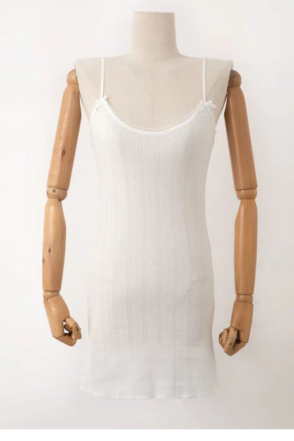 Spaghetti Strap Knit Mini Dress with Wave Hem - Summer Boho Slim Fit Ribbed Textured Dress in Black & White